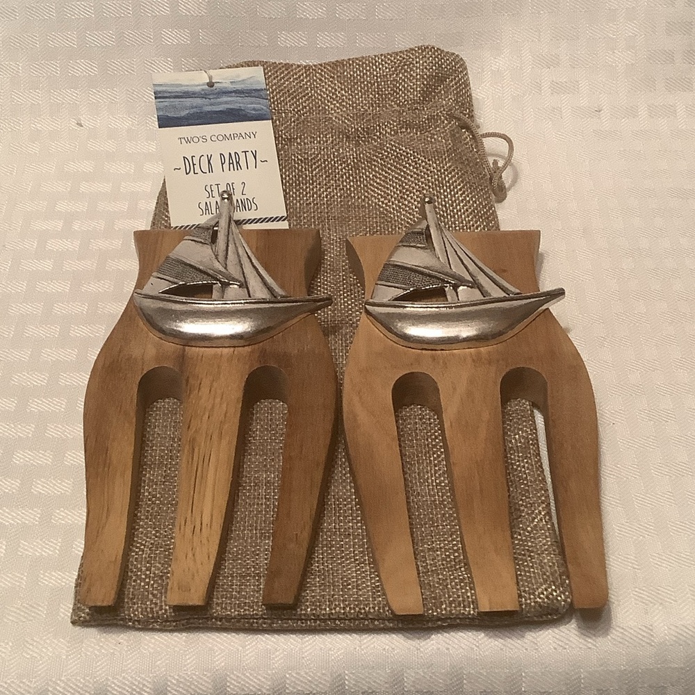 Two's Company Wooden Salad Hands with Silver Sailboat